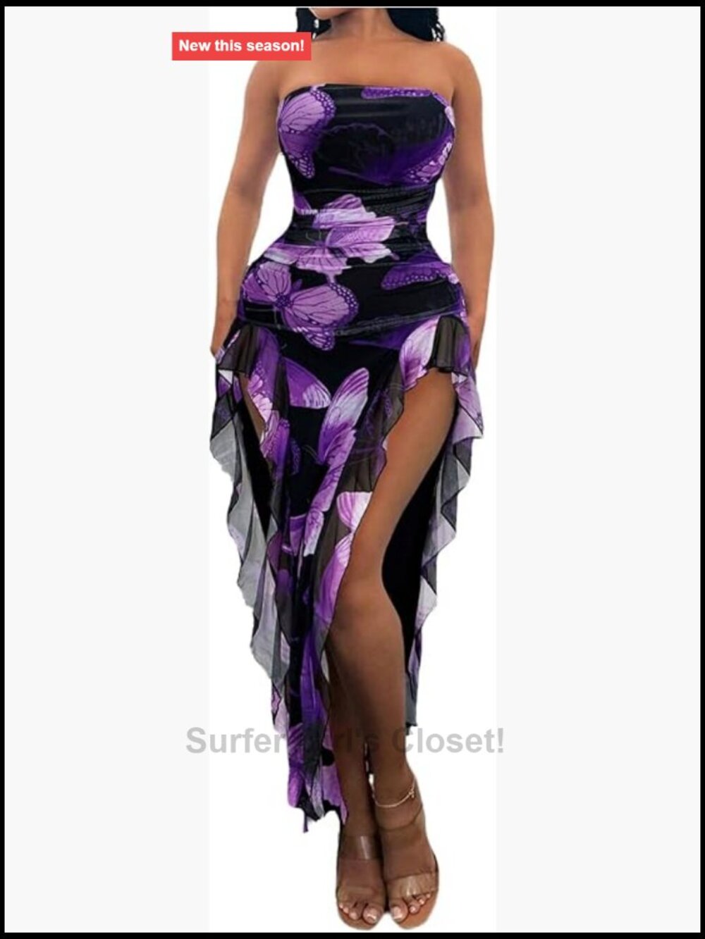 Butterfly Print Asymmetrical Bodycon Maxi Dress Strapless Ruffle Trim Split